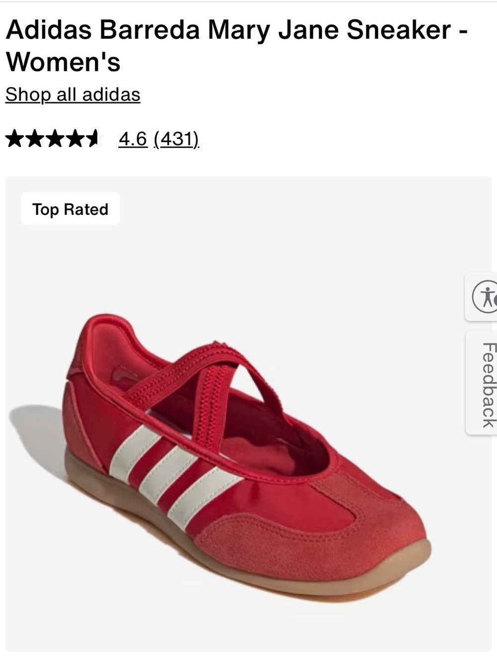 Adidas Barreda Mary Jane Sneaker in Red with White Stripes - 6.5 (more like 7)